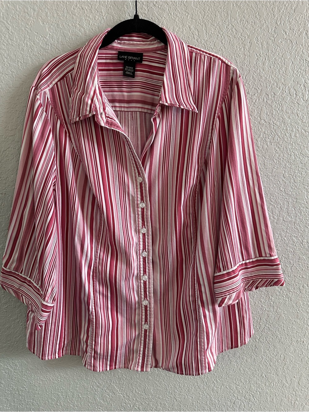 Lane Bryant 22/24W Pink Striped Button Front Shirt Stretch Cotton 3/4 Sleeve